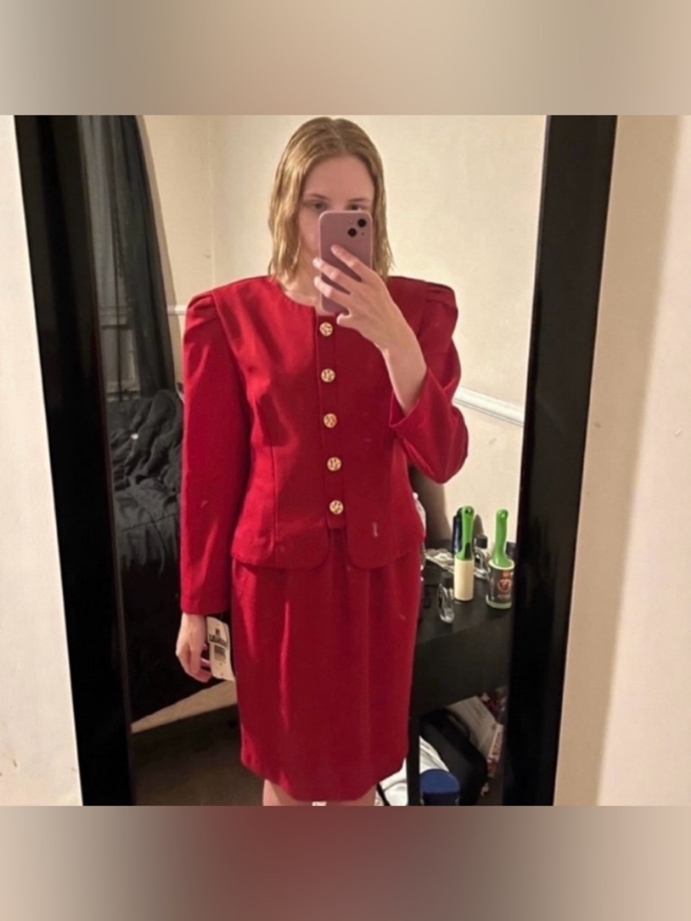 Red Structured Vintage-Inspired Skirt Suit